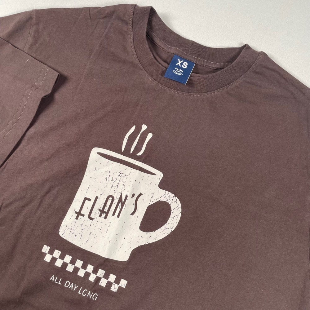 Flan Labs All Day Long Graphic T-Shirt Coffee Cup Print Brown XS - Size Runs Big